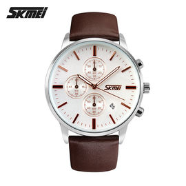 Brown Leather Stainless Steel Wrist Watch Big Silver Case For Male